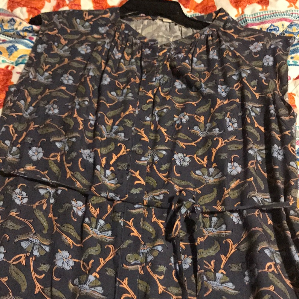 LOFT Navy Floral Print Cap-Sleeve Shirt Dress - Picture 5 of 8
